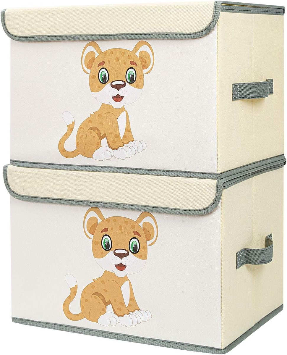 Vouwbare Opbergdoos voor Kinderen met Deksel en Handvat - Speelgoedbox voor Jongens - Beige Set van 2, Ideaal voor Organisatie en Ruimtebesparing