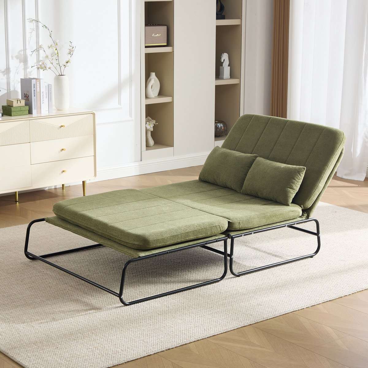 MIVRAY Slaapbank 2-Zits 104 cm - Verstelbare Zitslaapbank Met Zijvakken En Metalen Frame - Voor Woonkamer En Logeerkamer - Chenille Olive