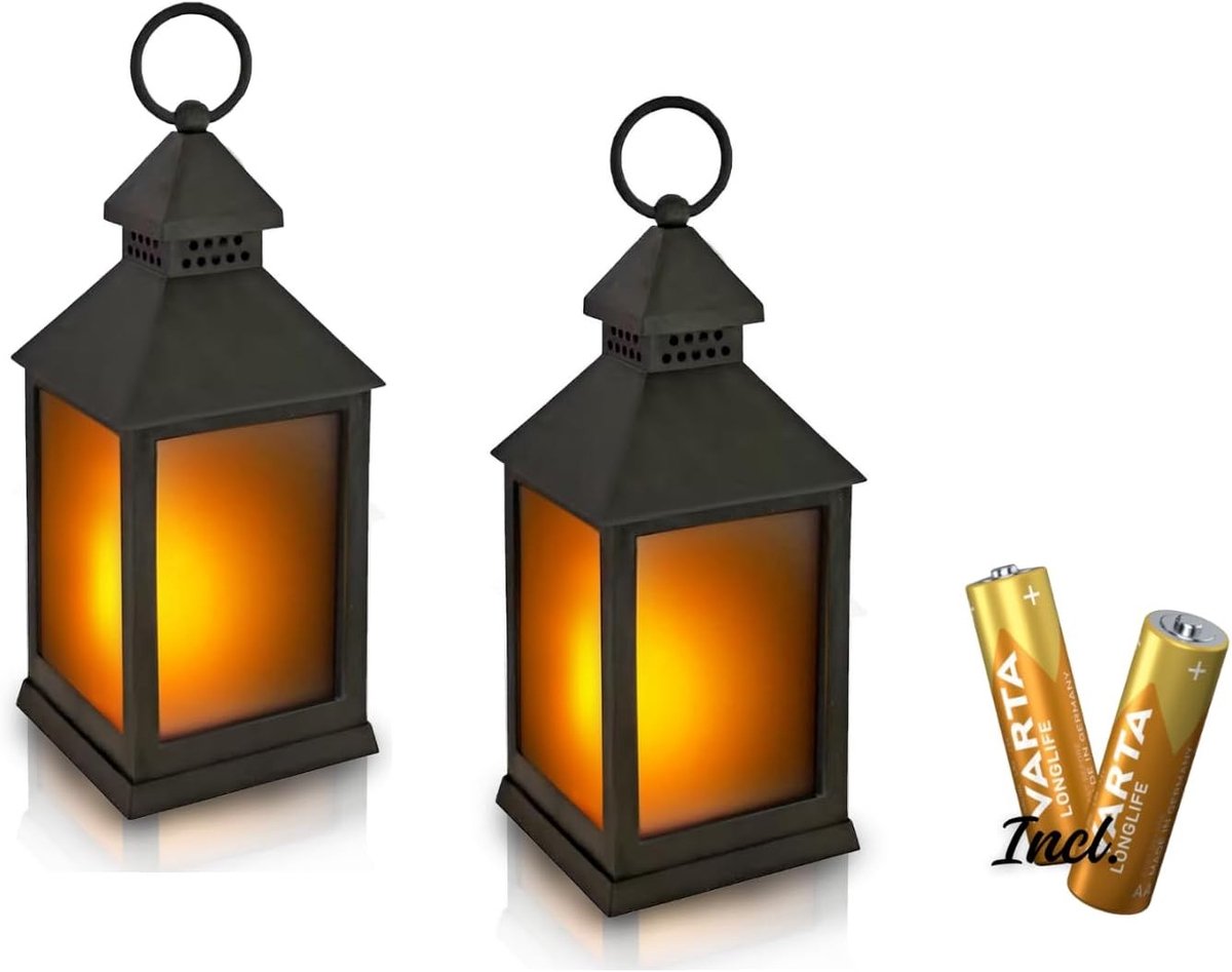 Windlicht van glas - Zwart - Set van 2 - Waterdicht LED-lantaarn met flikkereffect - Voor binnen en buitengebruik