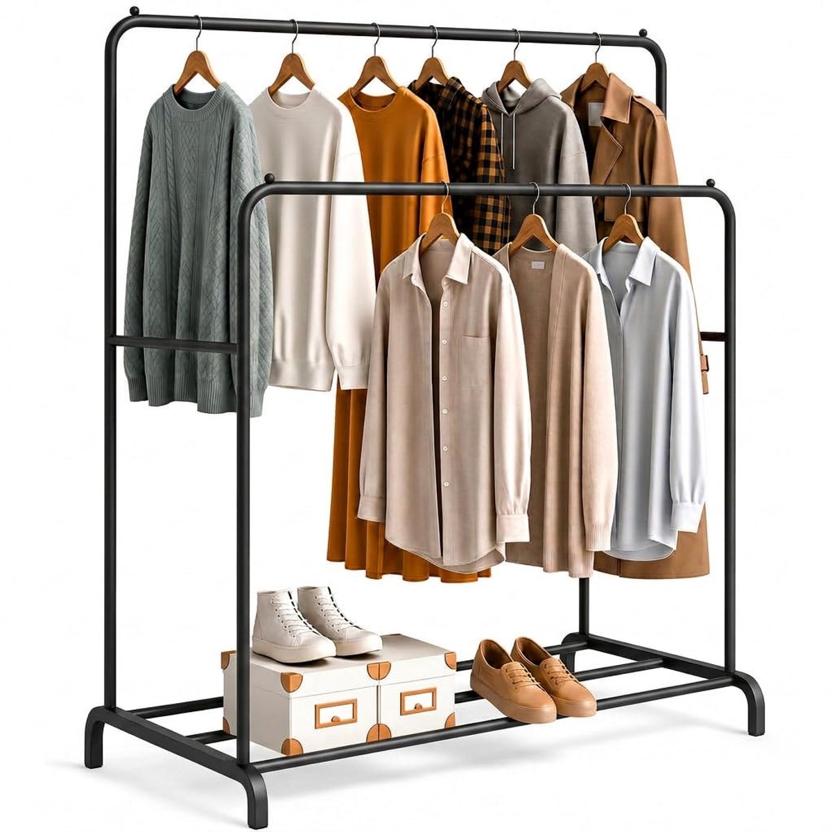 Famanu – Ezel kledingrek, dubbel kledingrek van 110 x 150 x 54 cm, robuust met schoenenhouder, eenvoudig te monteren, zwart