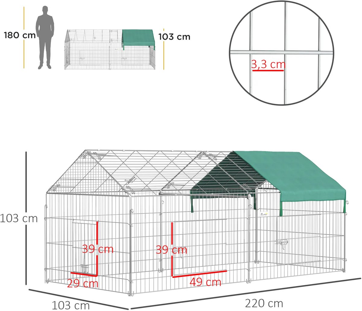 NordHaus Speelbox voor kleine dieren - Buitenverblijf - Dierenren - Ruim met afdak - 220 x 103 x 103 cm - Zwart + groen