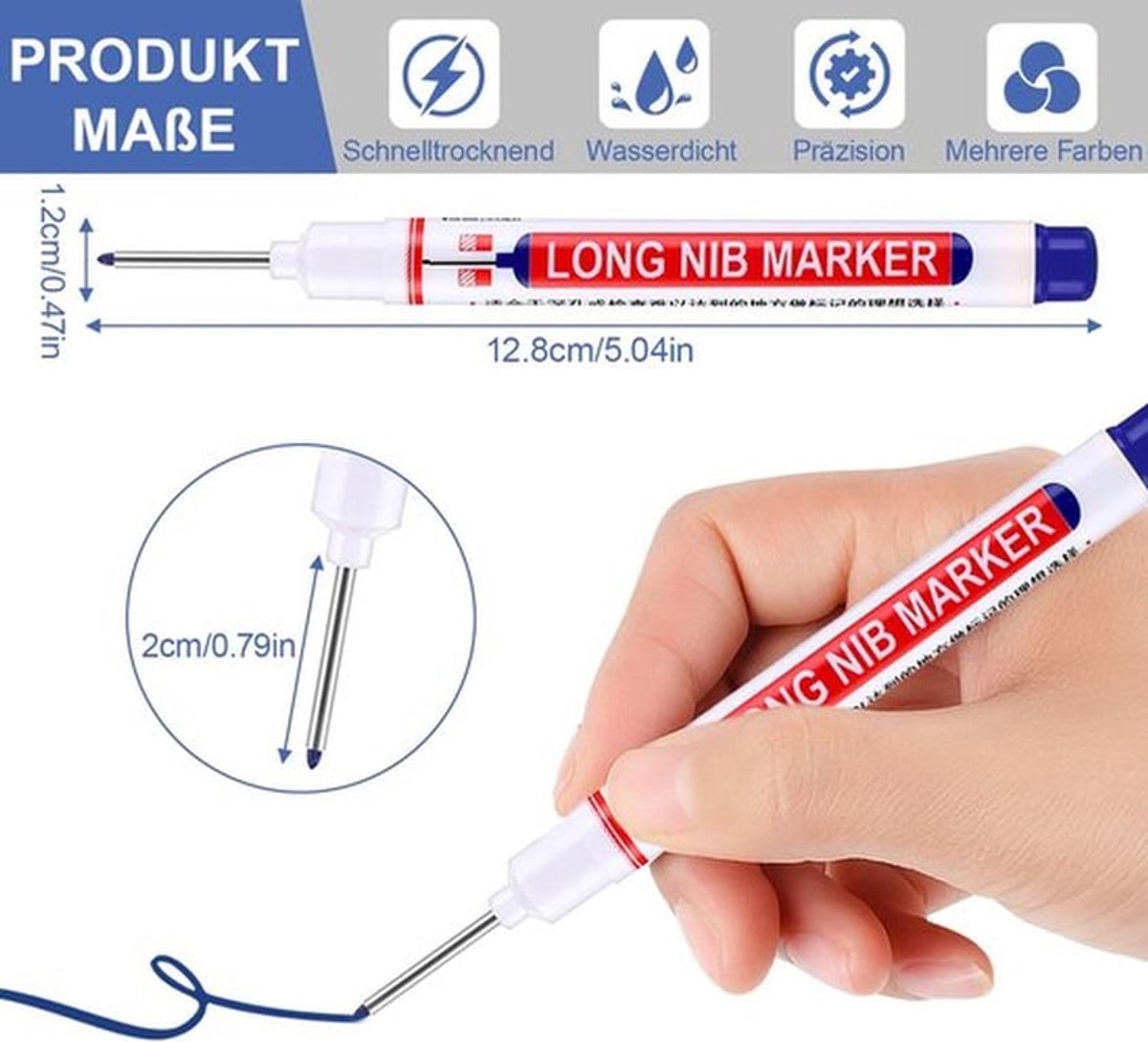 Markeerstiften 10 Stuks - Extra Lange Punt - Precisie-Marker - Voor Hout/Metaal/Kunststof/Karton - 20 mm - Timmermansmarker - Dieptemarker