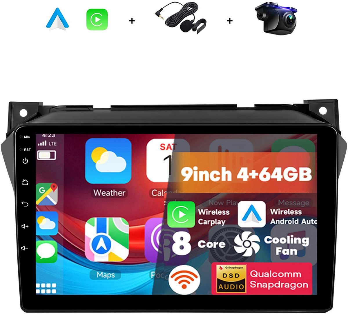 Boscer 2 Din Android 15 Autoradio - Geschikt voor Suzuki Alto 2009 - Draadloos Apple Carplay & Android Auto - 8-Core 4+64GB - Interne Koeling - 9 Inch HD IPS Touchscreen - GPS Navigatie - WIFI, Bluetooth & USB - Achteruitrijcamera & Microfoon