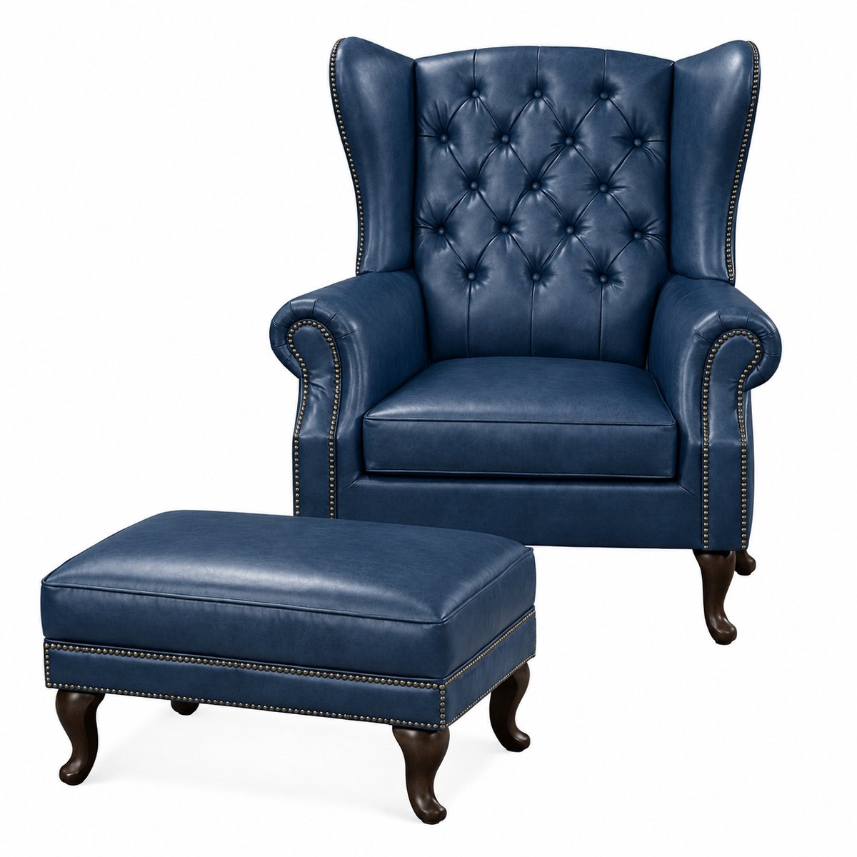 Chesterfield Fauteuil + Hocker - Blauw - Leer - Stoel Chesterfield - Arm Chair - Lounge Chair - Clubfauteuil - Relaxfauteuil - Loungestoel - Zetel