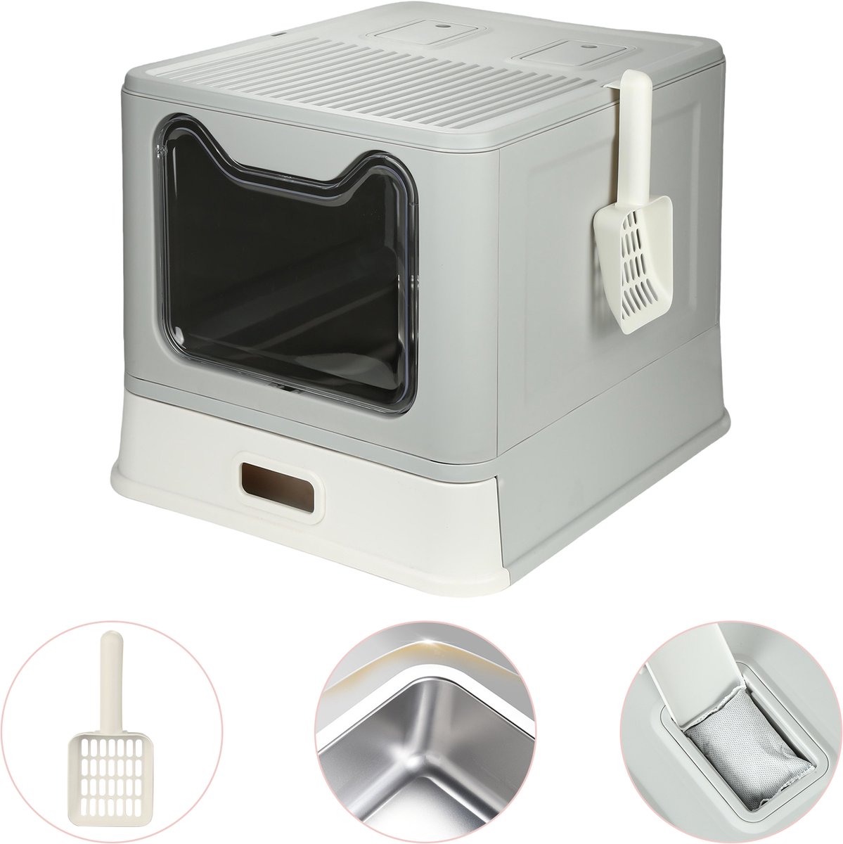 PIPIPOXER Kattenbak RVS - Incl. 2 Geurneutralisator -Kattentoilet met Schep - Opvouwbare Gesloten Kattenbak met Lade - - 2 in 1 Open Kattenbak - Kattentoilet -40x46x39cm - grijs