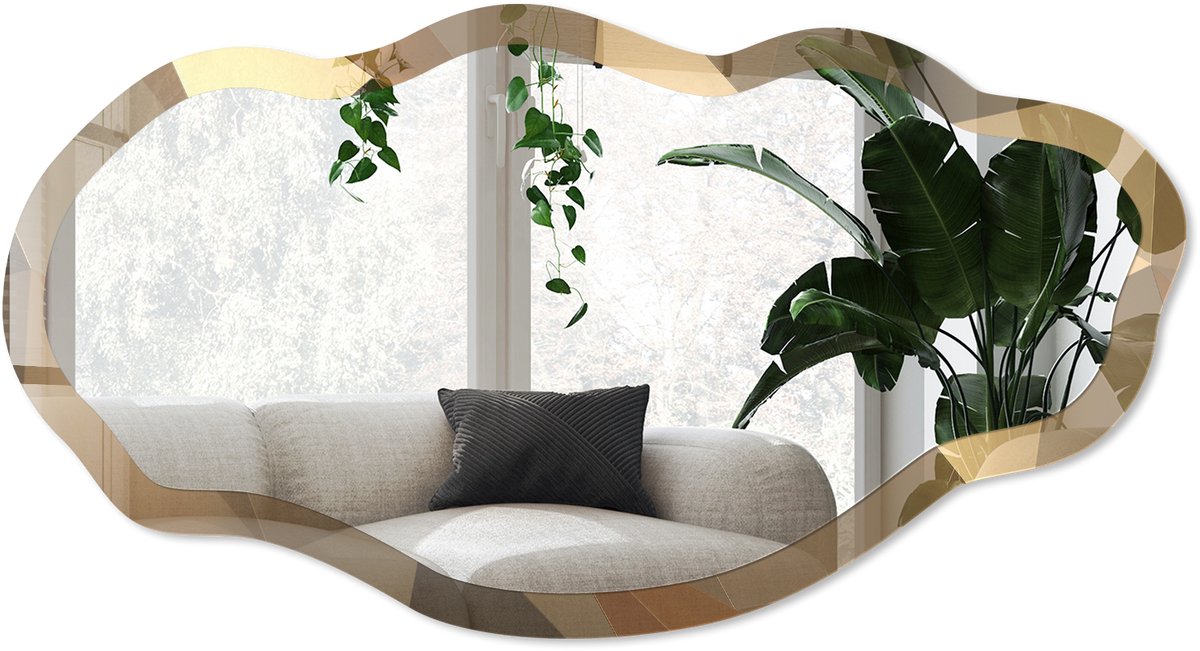 Wallfluent Geometrische Mozaïek Spiegel - Geel Elegante Rechthoekige Wandspiegel - Organische Spiegel - Woonkamer, Kantoor, Hal - Geometrisch - 45x90 cm - Totale afmeting 52x97 cm