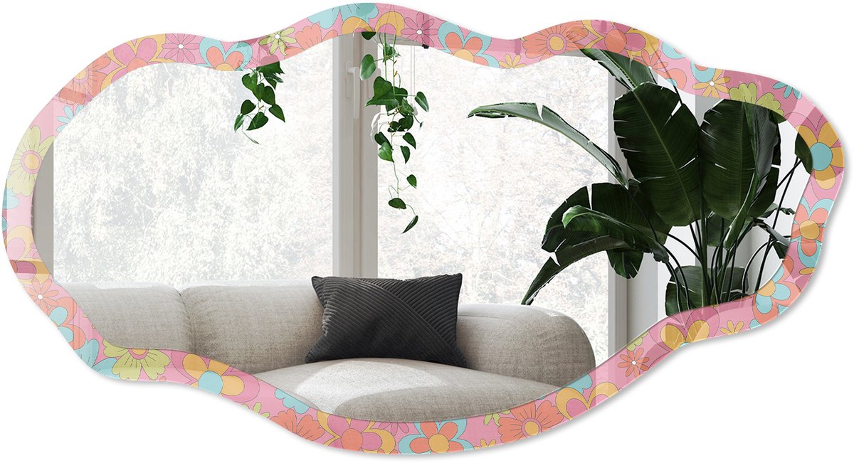 Wallfluent Bloemmotieven Spiegel - Roze Stijlvolle Wandspiegel - Organische Spiegel - Slaapkamer, Woonkamer, Kantoor - Illustratief - 45x90 cm - Totale afmeting 52x97 cm