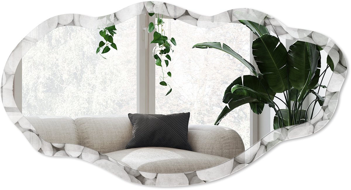 Wallfluent Heldere Stenen Spiegel - Wit Stijlvolle Wandspiegel - Organische Spiegel - Badkamer, Slaapkamer, Woonkamer - Minimalistisch - 45x90 cm - Totale afmeting 52x97 cm