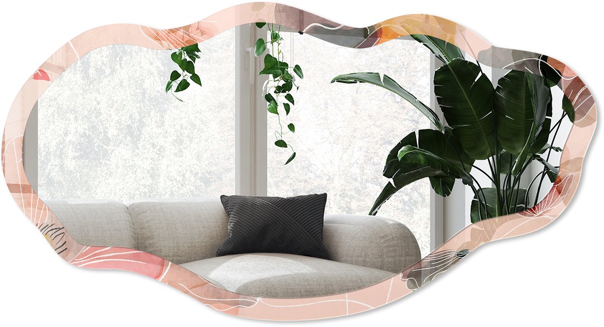 Wallfluent Plantaardige Elegantie Spiegel - Roze Rechthoekige Spiegel Met Modern Design - Organische Spiegel - Slaapkamer, Woonkamer, Kantoor - Aquarel - 45x90 cm - Totale afmeting 52x97 cm