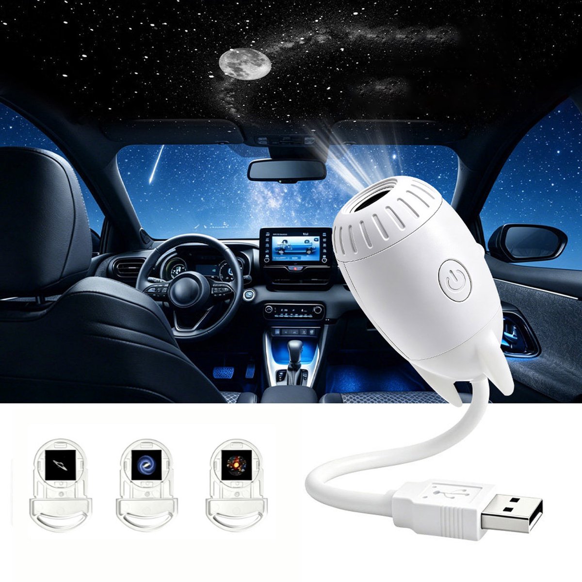 Projectorlamp - Met 3 Patronen - Sterren Projector - Planet Projector - Sterrenhemel projector - Sterren Nachtlamp - Galaxy Projector - Sterrenlamp - USB - Draagbaar - Plug-and-play - Met 360° Rotatie - Voor kamperen, auto, plafond en wanddecoratie