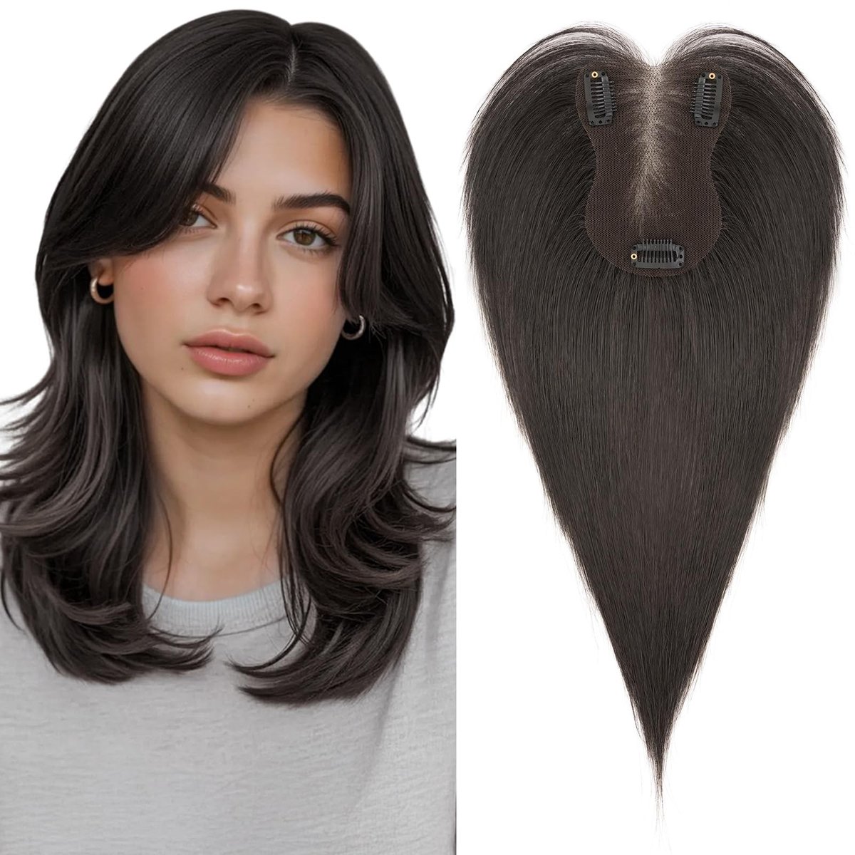 Solidchoice - Handgemaakte Echt Haar Topper zonder Pony Donkerbruin 35cm