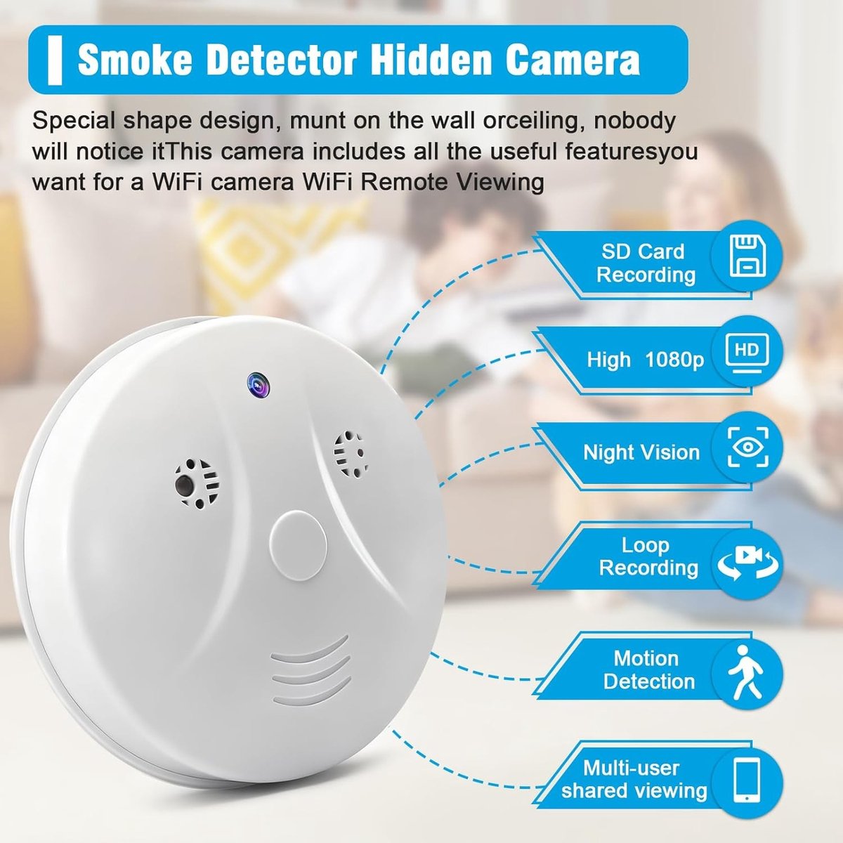 Verborgen rookmeldercamera hd 1080p - Wit - Mini Wifi Camera - Draadloos met Nachtzicht en Bewegingsdetectie - Voor Thuis- en Kantoorbewaking