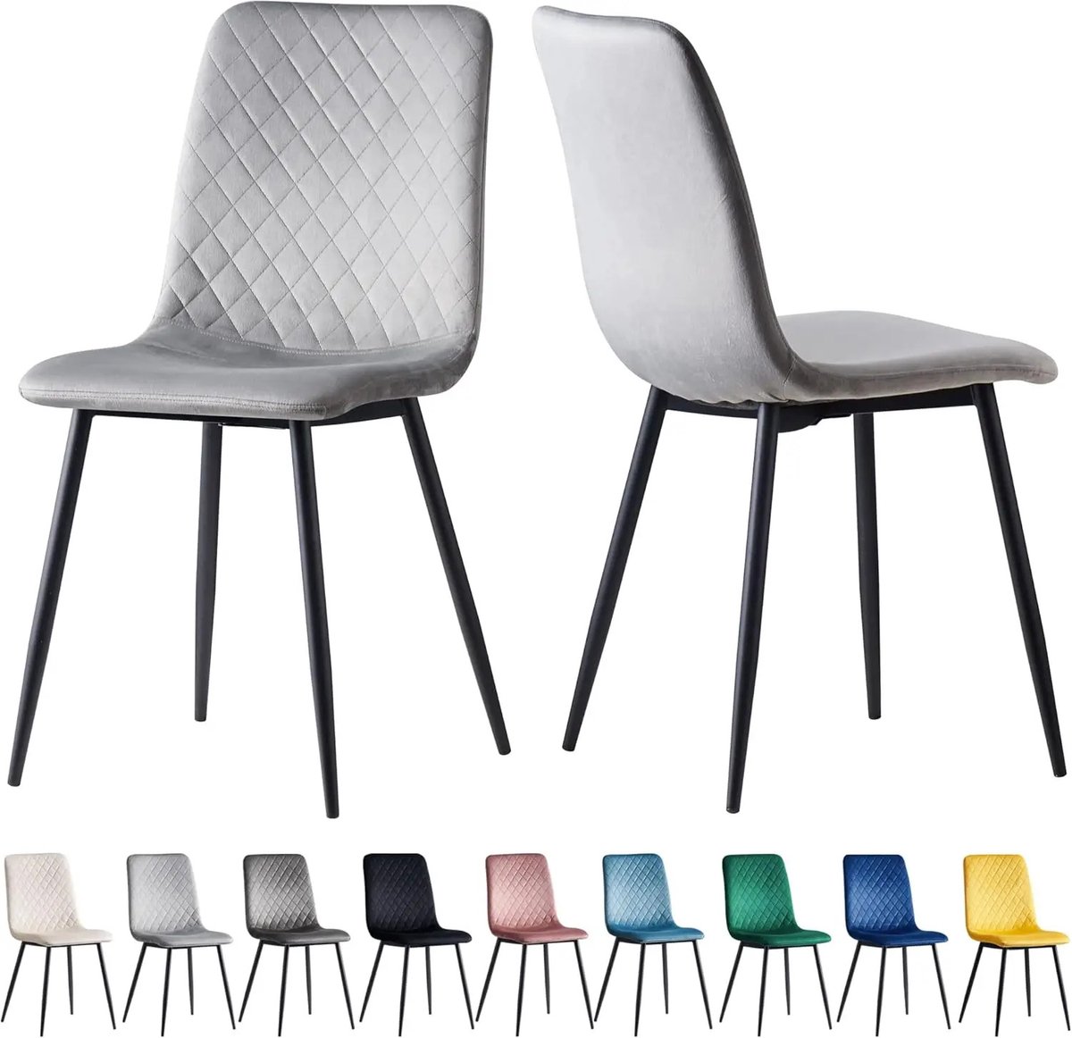 Gudalio Eetkamer Stoelen - Set van 2 - Keukenstoelen - Scandinavische stijl - Gewatteerd - Metalen poten - Fluweel - Licht Grijs