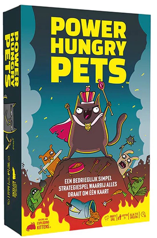 Een kat met een kroon en scepter staat op een berg, omringd door boze huisdieren.