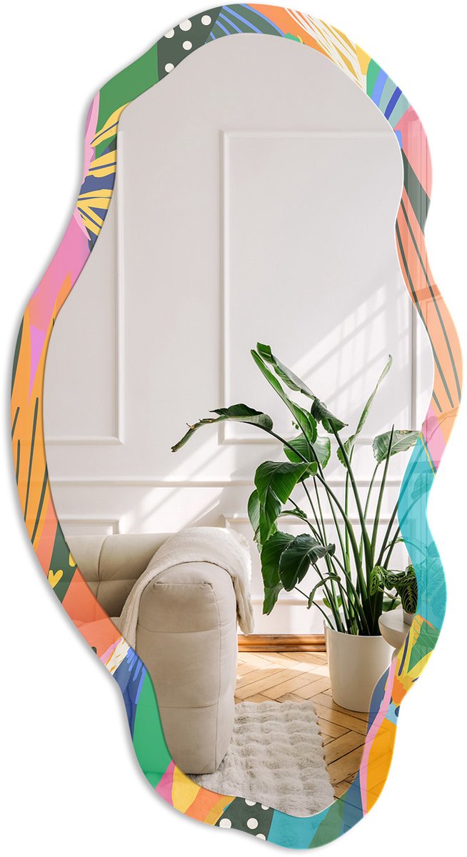Coloray Kleurrijke Veren Spiegel - Groen Moderne Rechthoekige Wandspiegel - Organische Spiegel - Woonkamer, Kantoor, Slaapkamer - Abstract - 45x90 cm - Totale afmeting 52x97 cm