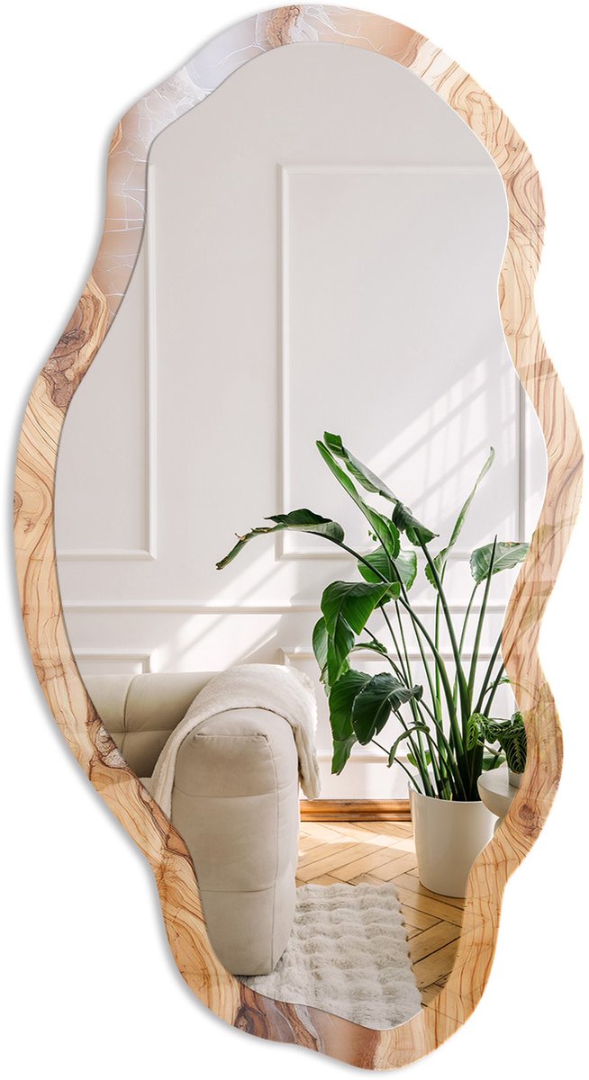Coloray Houten Patroon Spiegel - Bruin Stijlvolle Wandspiegel - Organische Spiegel - Woonkamer - Rustiek - 45x90 cm - Totale afmeting 52x97 cm