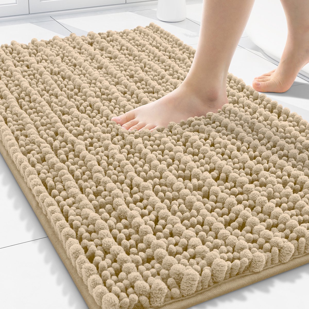 Olanly Badmat Antislip – Chenille Douchemat – Badmat Badkamer – Dik, zacht en absorberend – Beige – 50X76cm