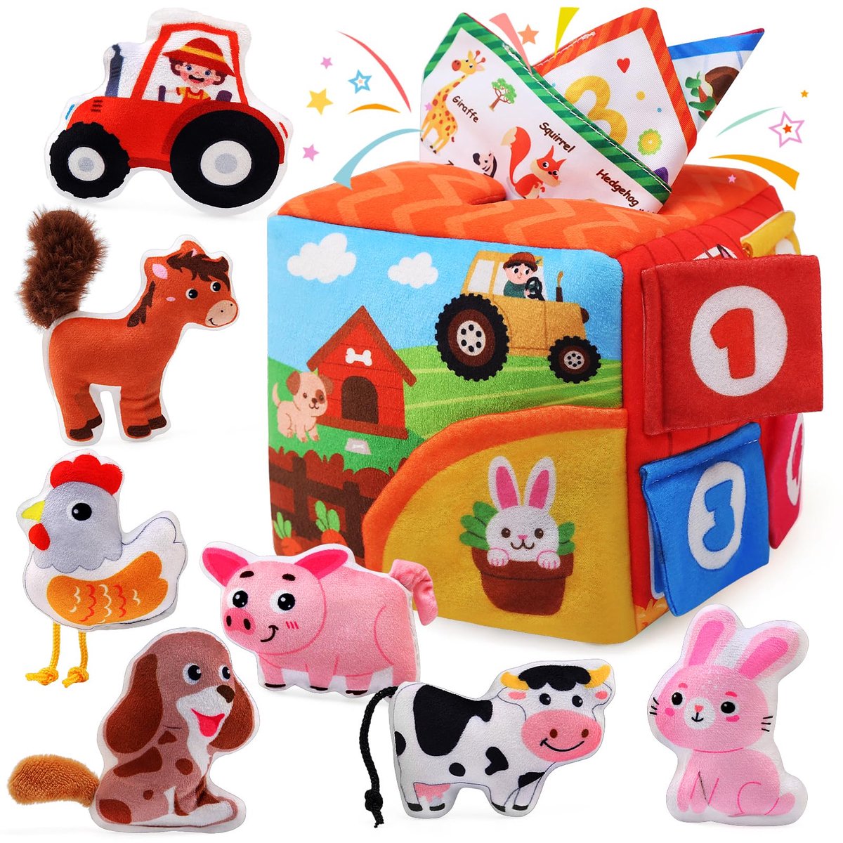 Baby speelgoed 6-12 maanden - Pluche boerderijdieren met geluiden en sensorische functies - Interactieve babyboerderijset met knisperend geluid en spiegel - Montessorispeelgoed voor kinderen van 1 jaar (jongens en meisjes) - Reisspeelgoed
