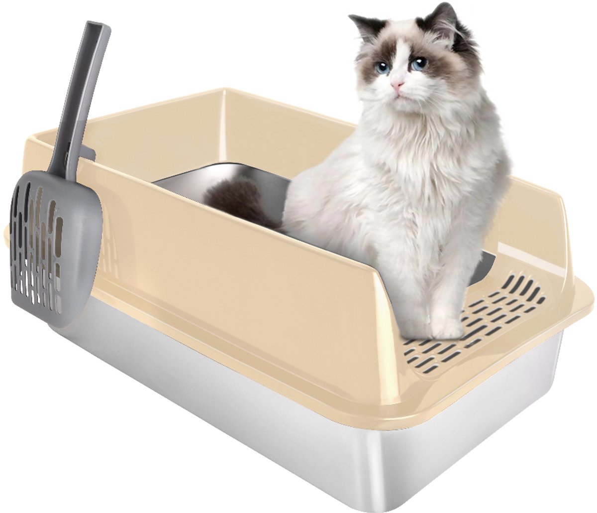 PIPIPOXER Kattenbak RVS -Kattentoilet Roestvrijstaal - Incl. Kattenbakschep met Houder - Geurvrij, Lekvrij - Open Kattenbak - Kattentoilet -40x60x30cm -Khaki
