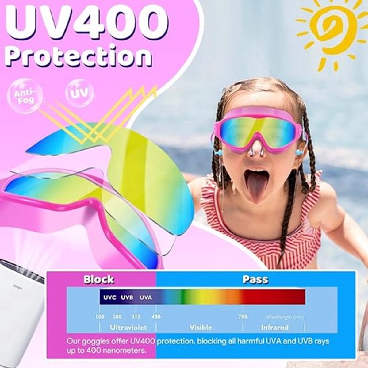 Blauwe en paarse zwembril voor kinderen, met oordopjes en neusclip, breed gezichtsveld, anti-condens/UV-bescherming, geschikt voor jongens en meisjes van 3 tot 15 jaar.