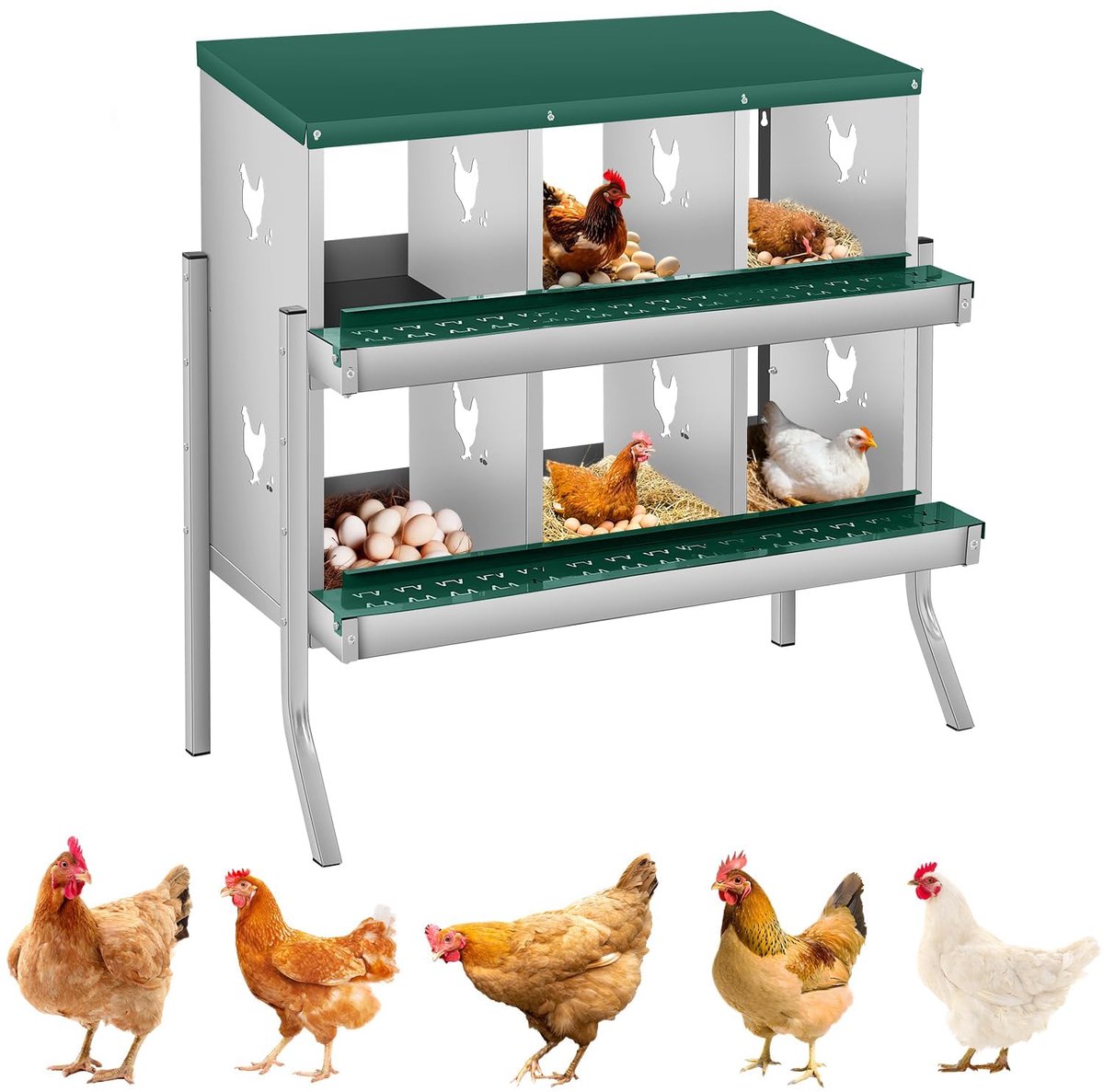 HoerFuriy - Kippenlegnest - Gegalvaniseerd Staal - Voor Buiten en Pluimvee - 84,5x42x90,3cm - 6 Afdelingen - Vrijstaand met Poten - ZW Dubbele Horizontale Lijnen - Groen