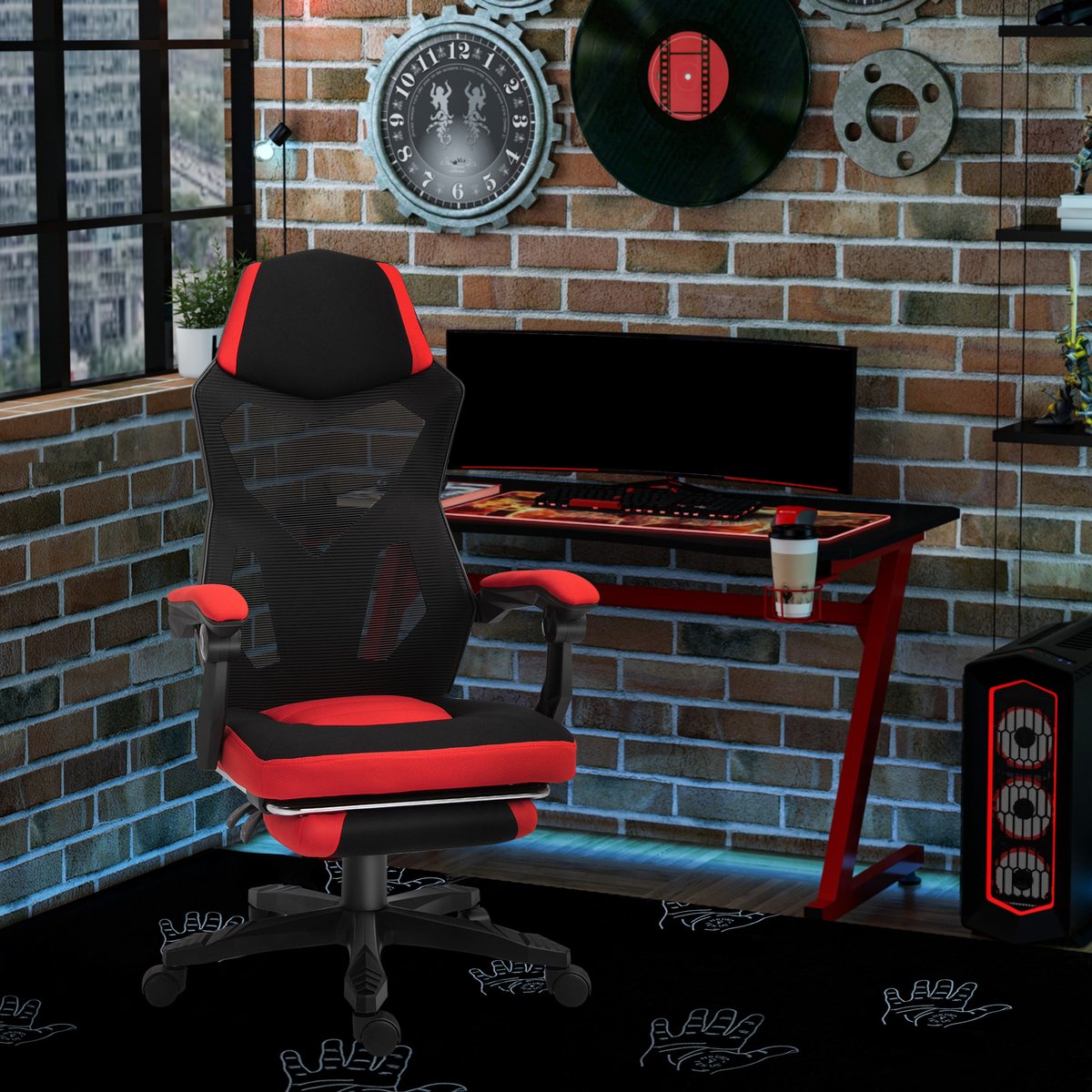 Gamingstoel - Ergonomische Bureaustoel Met Voetsteun, Hoofdsteun En Verstelbare Hoogte - Voor Kantoor En Gaming - Mesh - Zwart Rood