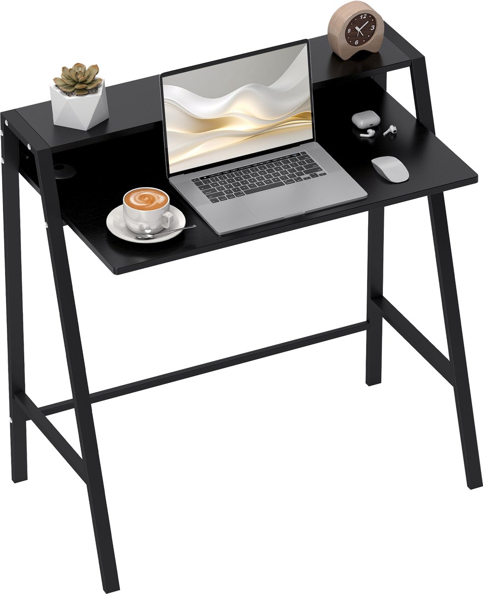 Bureau - computerbureau met opbergruimte en kabelmanagement - modern bureau met metalen frame voor studeerkamer - slaapkamer - thuiskantoor - 84 x 45 x 85 cm - zwart