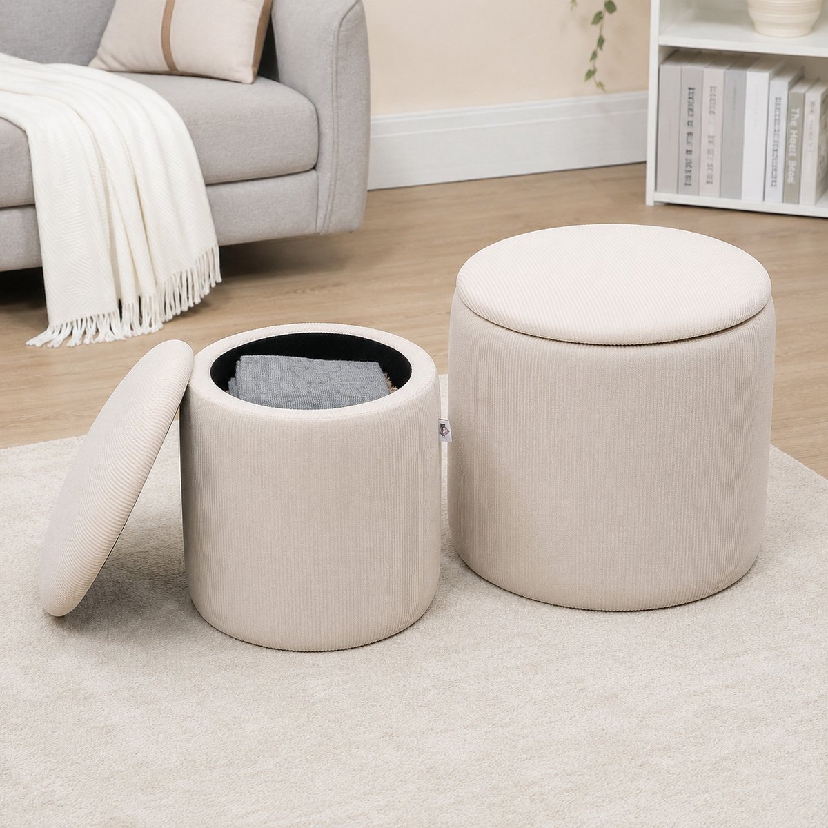Ottomaanse kruk - set van twee - met opbergruimte - zachte bekleding - hoes met ribfluweellook - crèmewit - 40 x 40 x 41 cm