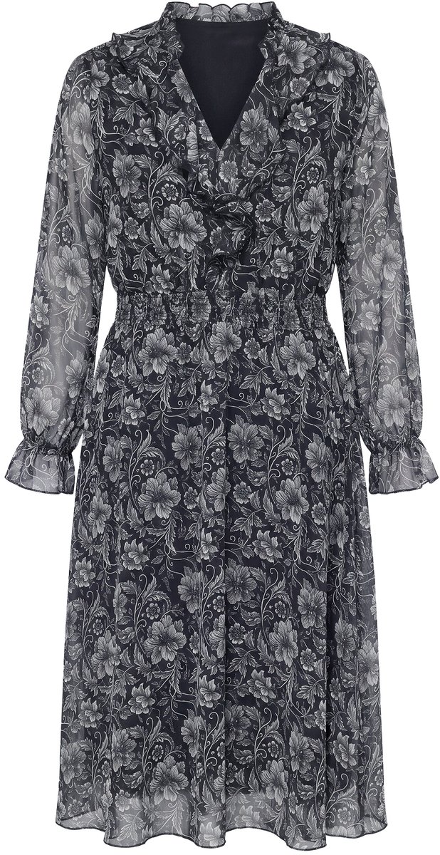 Studio Untold - Dames - Midi-jurk A-lijn chiffon bloemenprint volants - Zwart - Maat 42+