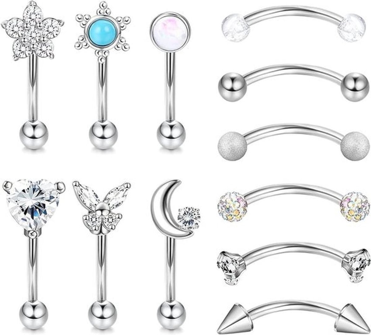 12 stuks RVS gebogen barbells voor dames - Tragus, Wenkbrauw, Buik - Set van Piercingsoren, 16G, 6-8 mm