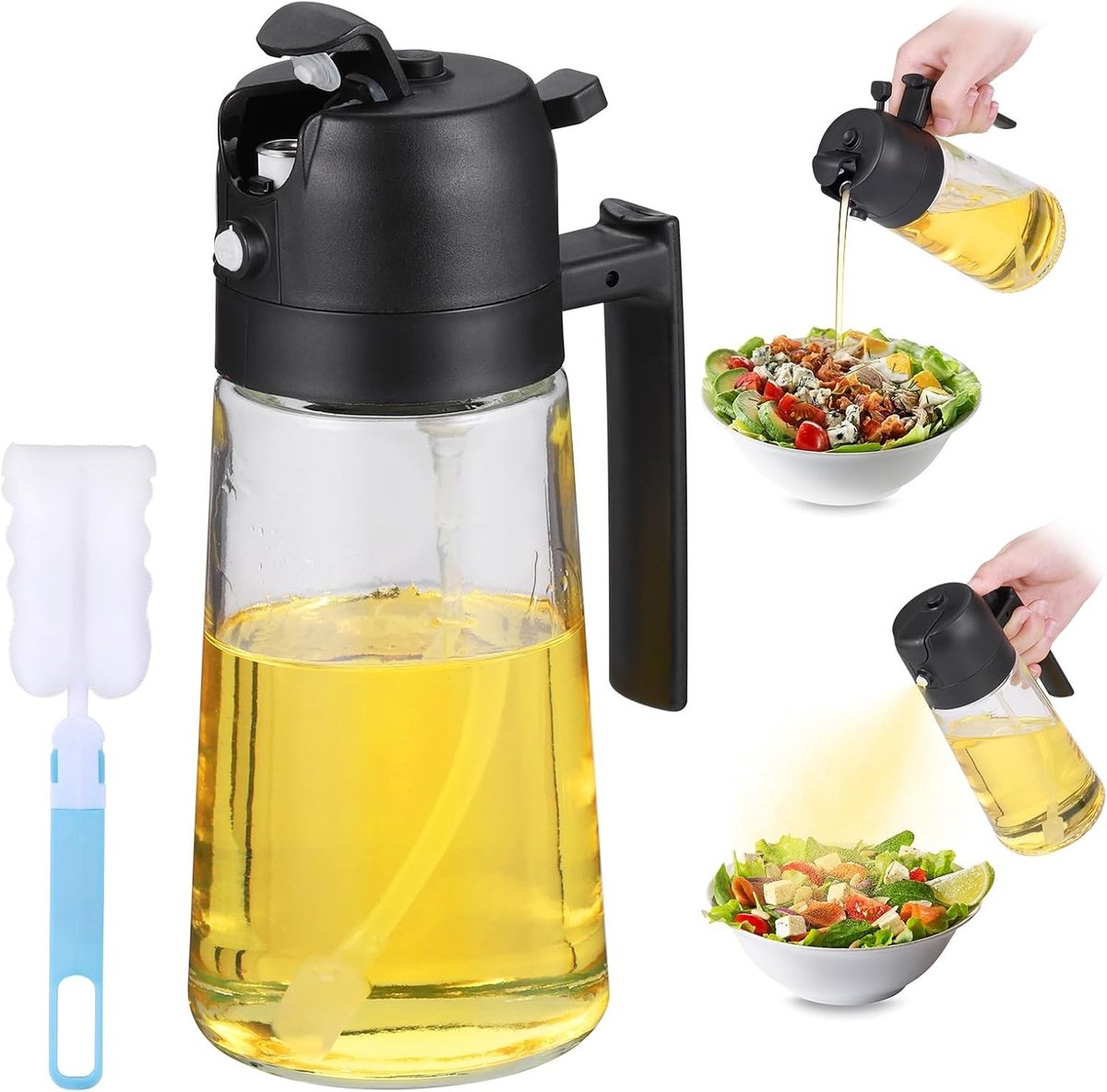 Olijfoliesprayer - Zwart - 470 ml - Glazen Oliedispenser met Spray en Gietfunctie - Voor Koken en Bakken
