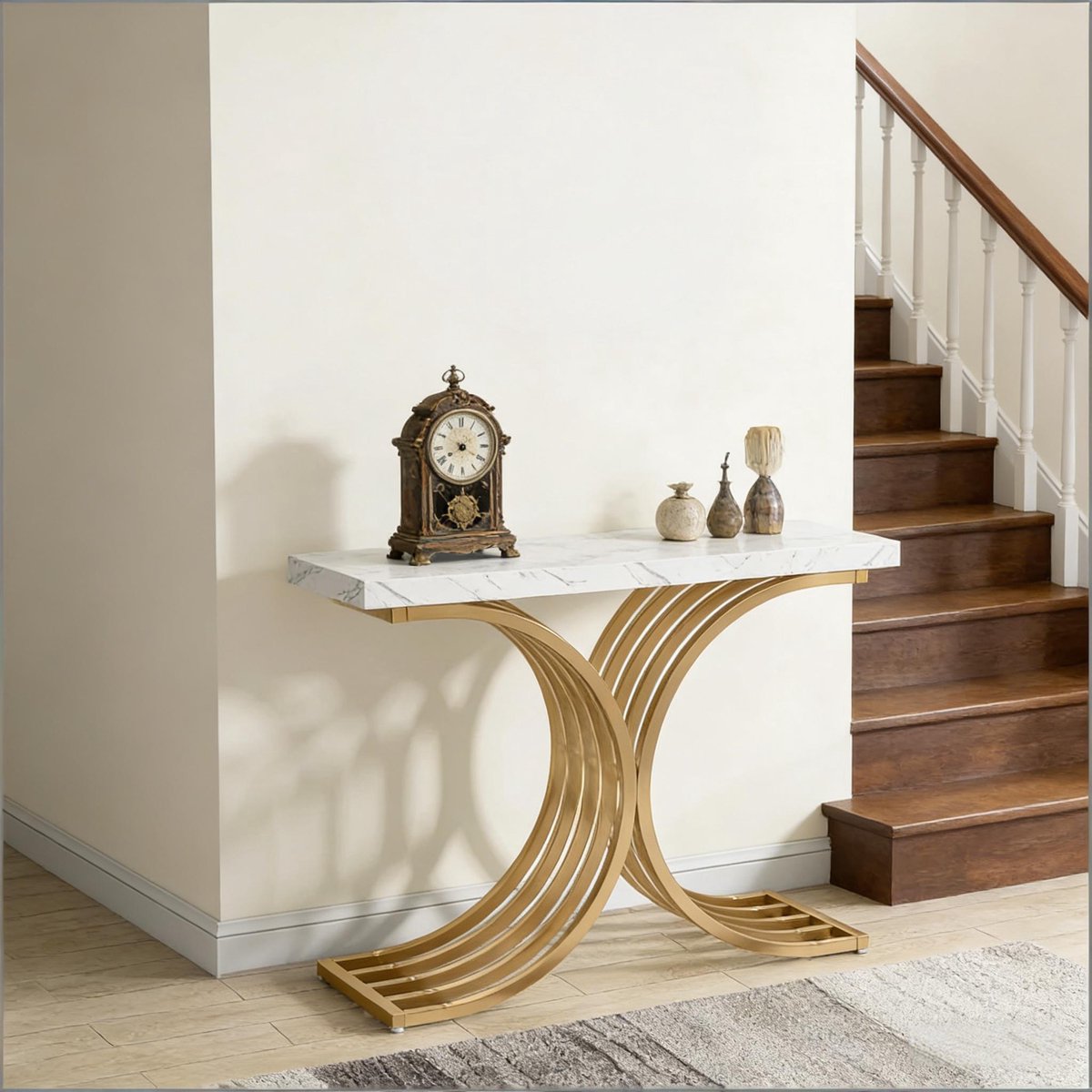 Wishdor Sidetable - Marmerlook tafelblad - Gouden metalen frame - Rechthoekig design - Voor hal en woonkamer - Smalle console tafel - Wit en goud - 100 x 30 x 80 cm