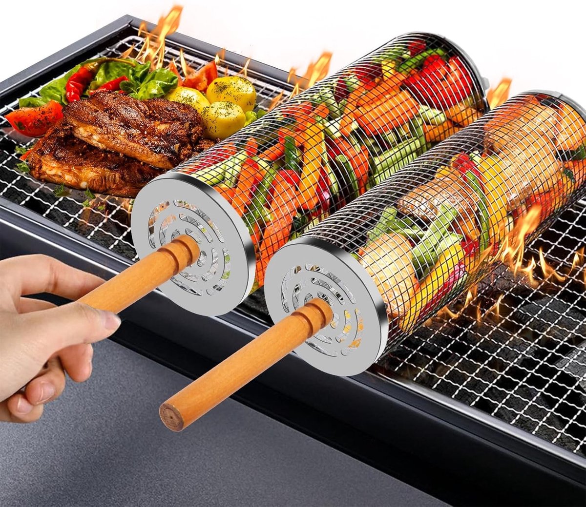 Plancha barbecue - Roestvrij staal - 2 stuks cilindrische grillmanden met houten handvat - Voor outdoor en groentegrillen