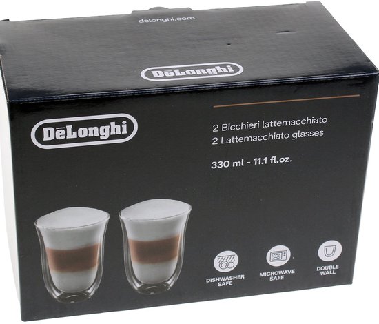 Boîte de deux verres De'Longhi pour latte macchiato, 330 ml, lavable au lave-vaisselle, compatible micro-ondes, double paroi.