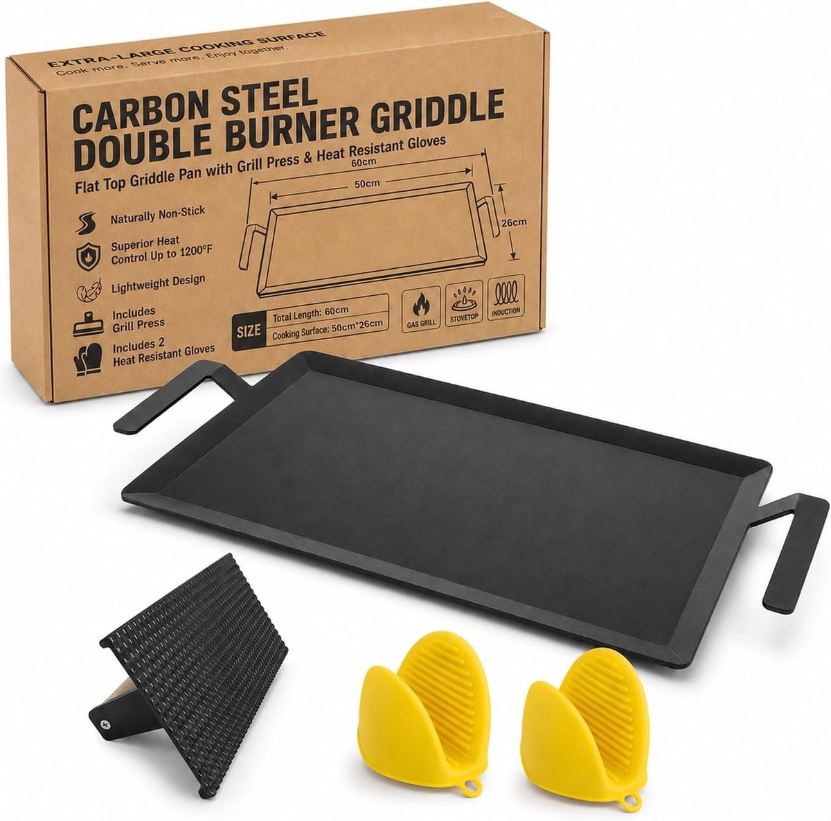Plancha barbecue - Zwart - 60 x 26 cm - Koolstofstalen Grillplaat met Grillpers en BBQ Handschoenen - Voor Gasbarbecue en Inductiekookplaat