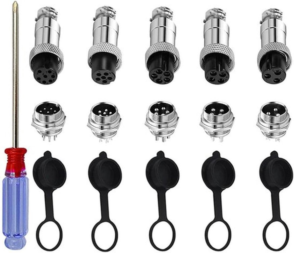 15-delige Aviation stekkerset voor draadverbindingen - metalen luchtvaartconnector met rubberen beschermkap, schroevendraaier - 5A 12 mm schroefdraad - mannelijk en vrouwelijk - 3 pins, 4 pin, 5 pin