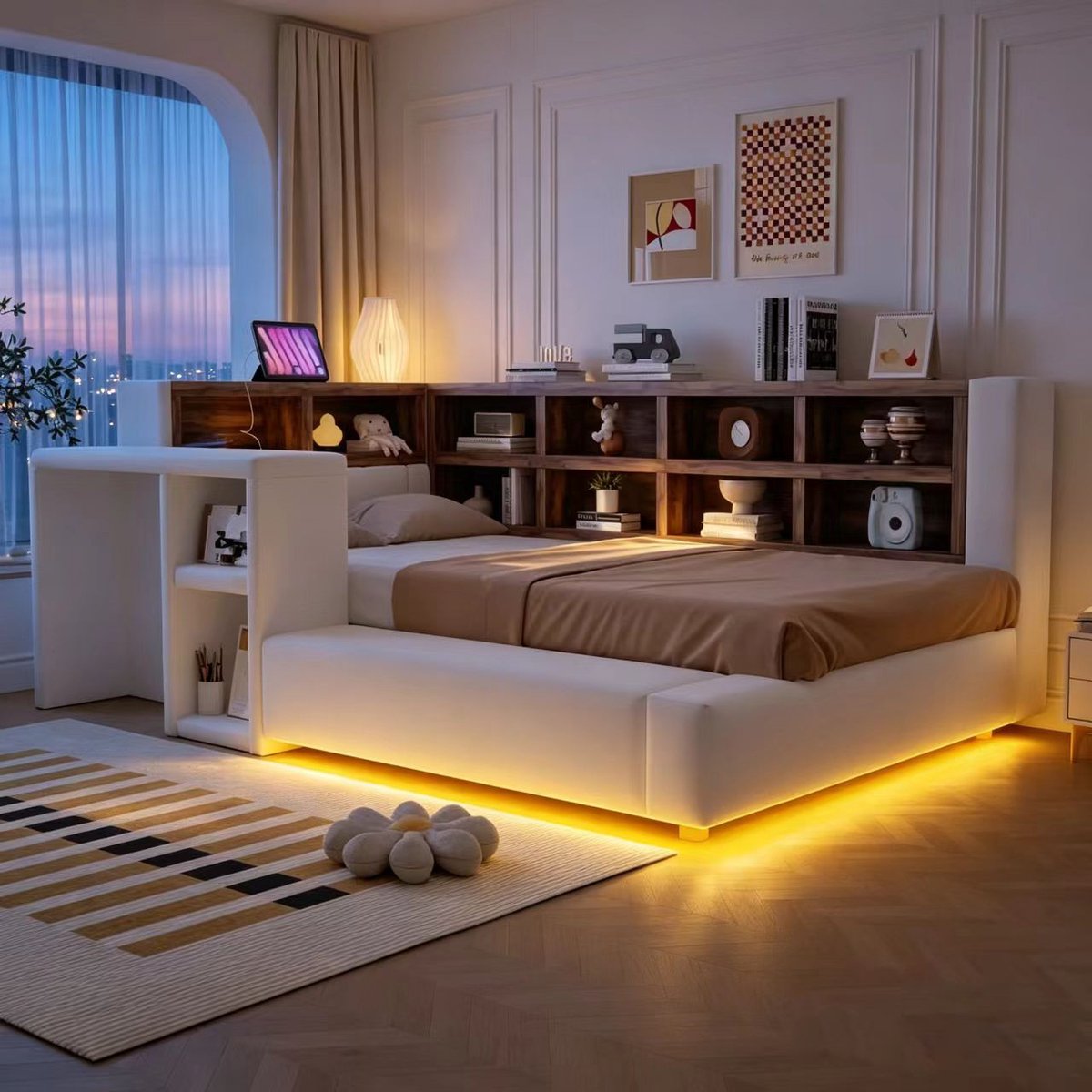 DESMIU Gestoffeerd Bed 90x200cm – Bed Met Opbergruimte, LED Verlichting En Bureau – Hoofdbord Met Open Vakken – Zonder Matras – Beige