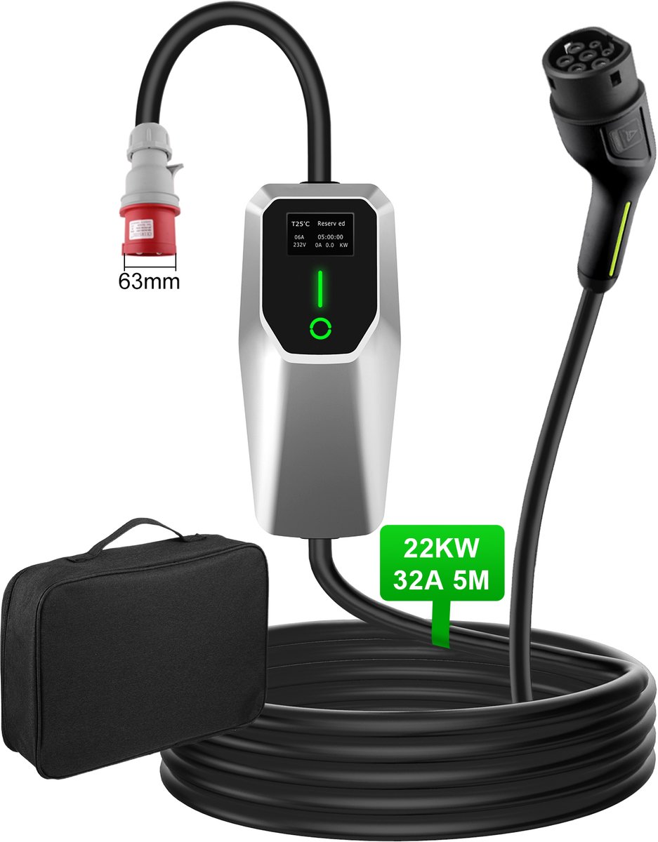 Junsun EV EU Mobiele Thuislader - Laadkabel Type 2 - 22kW 32A 3fase - 5M Laadkabel - CEE stekker - LCD-scherm - 400V & IP65
