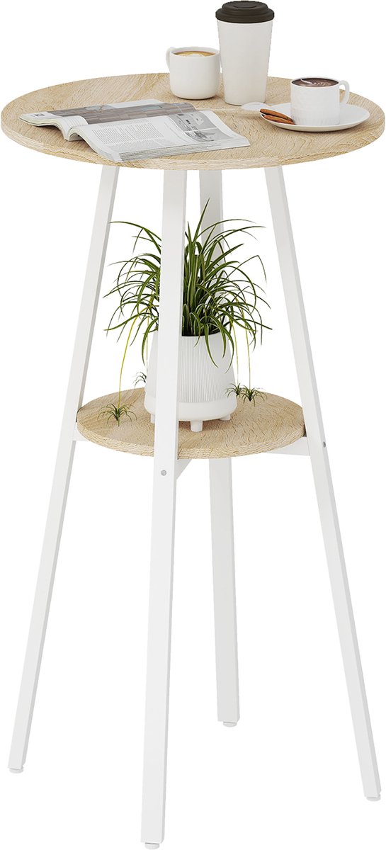 TEKROA® Tafel - Ronde hoge tafel met plank - moderne tafel voor keuken of eetkamer - voor 2 personen - wit