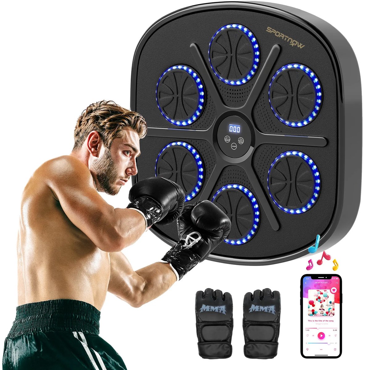 Bresht Muzikale Boksmachine - Met Bluetooth & LED - 9 Snelheden - Inclusief Bokshandschoenen - Zwart - 41,8 × 44,6 × 7,5 cm