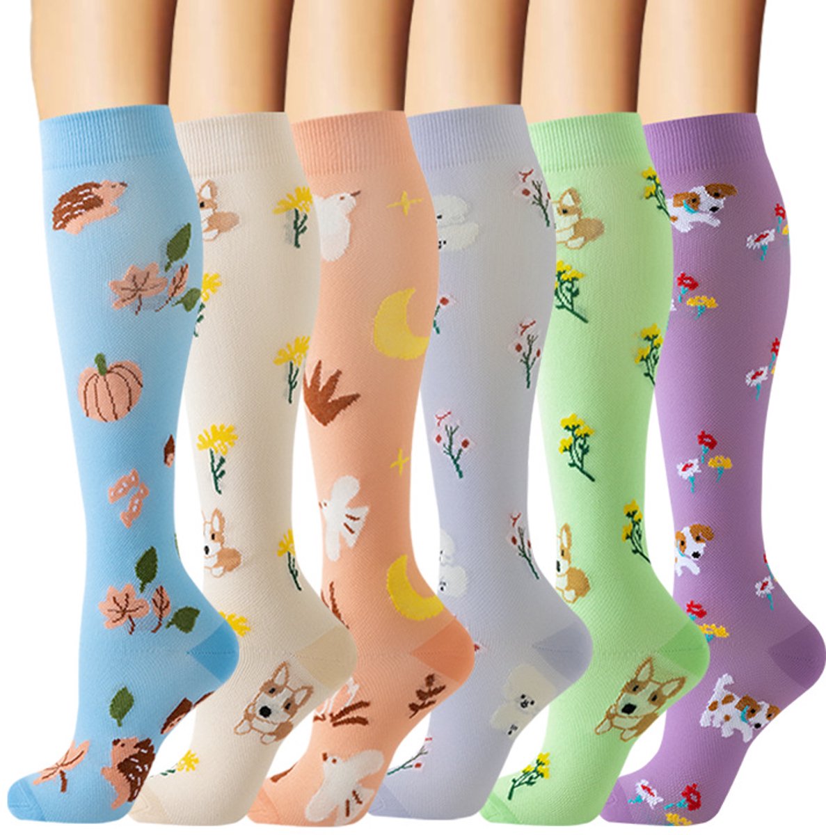 6 paar Compressiekousen - Sportcompressiekousen - Kuitondersteunende Sokken - Puppypatroon - Hardloopsokken - Kuitsokken - Steunkousen - Geschikt voor Hardlopen, Sport en Reizen - Maat S/M