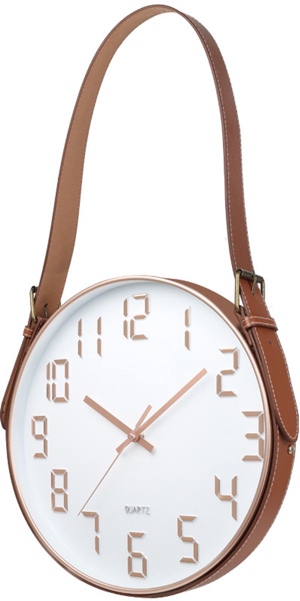 Wandklok 12 inch (30 cm) met leren hangriem - Stil quartz uurwerk, helder glas -6003-7 Wit met roségoud