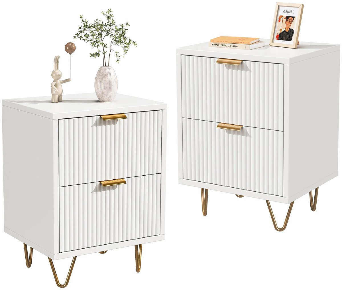 Witte Ladekast met 2 Lades – Nachtkastje - 40 x 40 x 55 cm – Met Gouden Handgrepen en Poten – Voor Slaapkamer, Woonkamer en Hal
