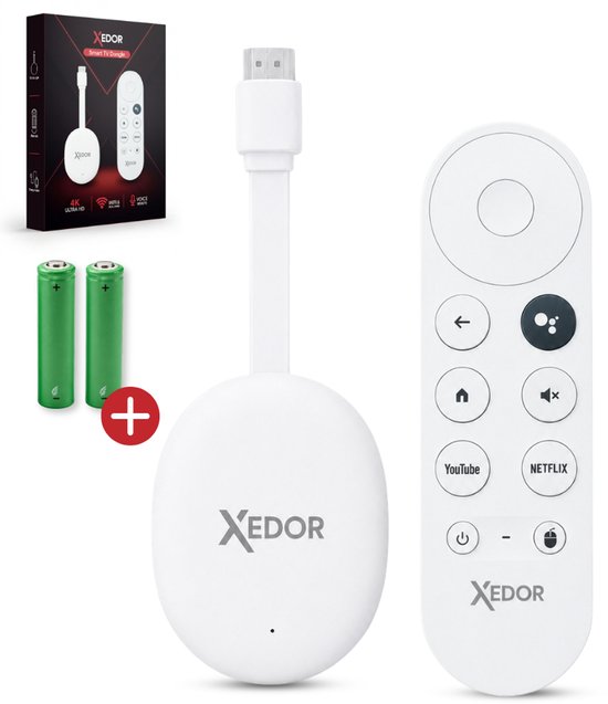 Witte Xedor Streamr TV Dongle met afstandsbediening en 2 AAA batterijen.
