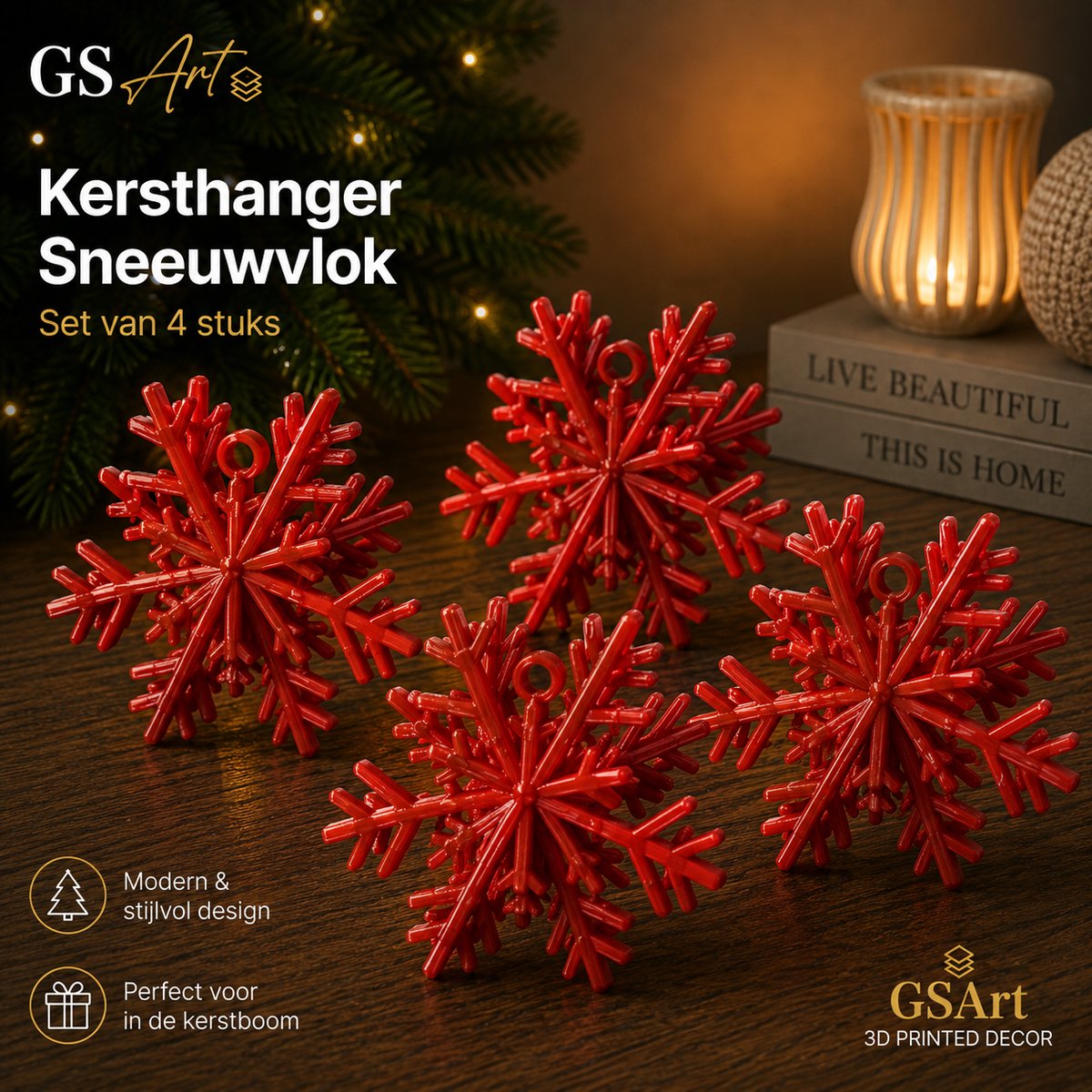 GSArt Kersthangers Sneeuwvlok – Set van 4 stuks - Zijde Rood