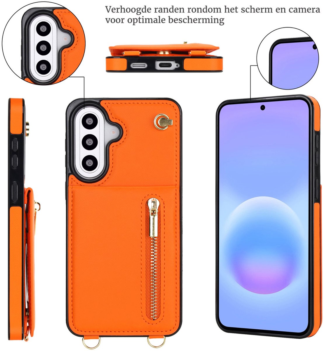 Multimedia & Accessoires Portemonnee Hoesje met Koord geschikt voor Samsung Galaxy S26 - Oranje - Pasjeshouder – Ritsvak - Luxe Kunstleren - Backcover – Standaard