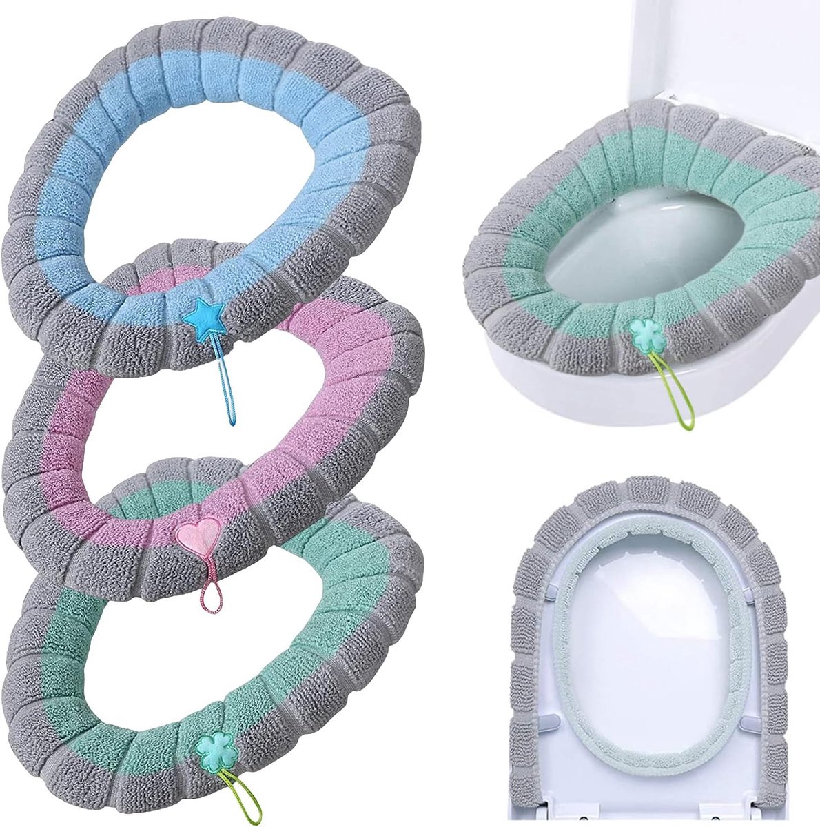 3 stuks - tweekleurige toiletbrilhoes - zacht - dik - rekbaar - wasbaar - universele maat - Toiletbrilhoes met handvat - Pluche wc-mat (36 x 44 cm)