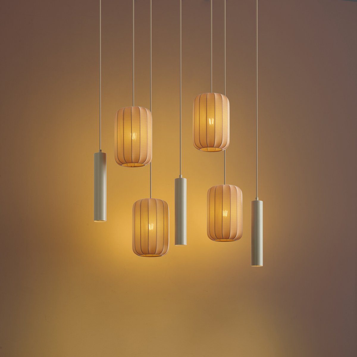 Qazqa eettafel japandi hanglamp - Pluni Tuba - beige, ovaal, 7-lichts, 96cm, ideaal als eettafellamp