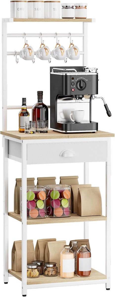 Home & Beyond® Keukenrek met Lade - Koffierek met 5 Niveaus - Opbergrek met 8 Haken - Natuurkleur - 43x33x134.5 cm