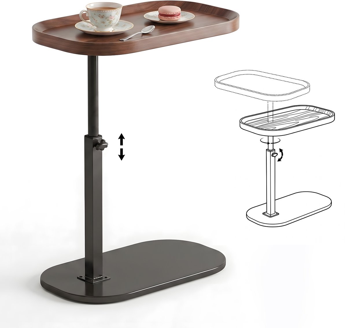 Bijzettafel C-vorm - In hoogte verstelbaar 45-80 cm - 360° draaibaar tafelblad 45 x 30 cm - Hout en zwart metaal - Voor bank, bed en fauteuil